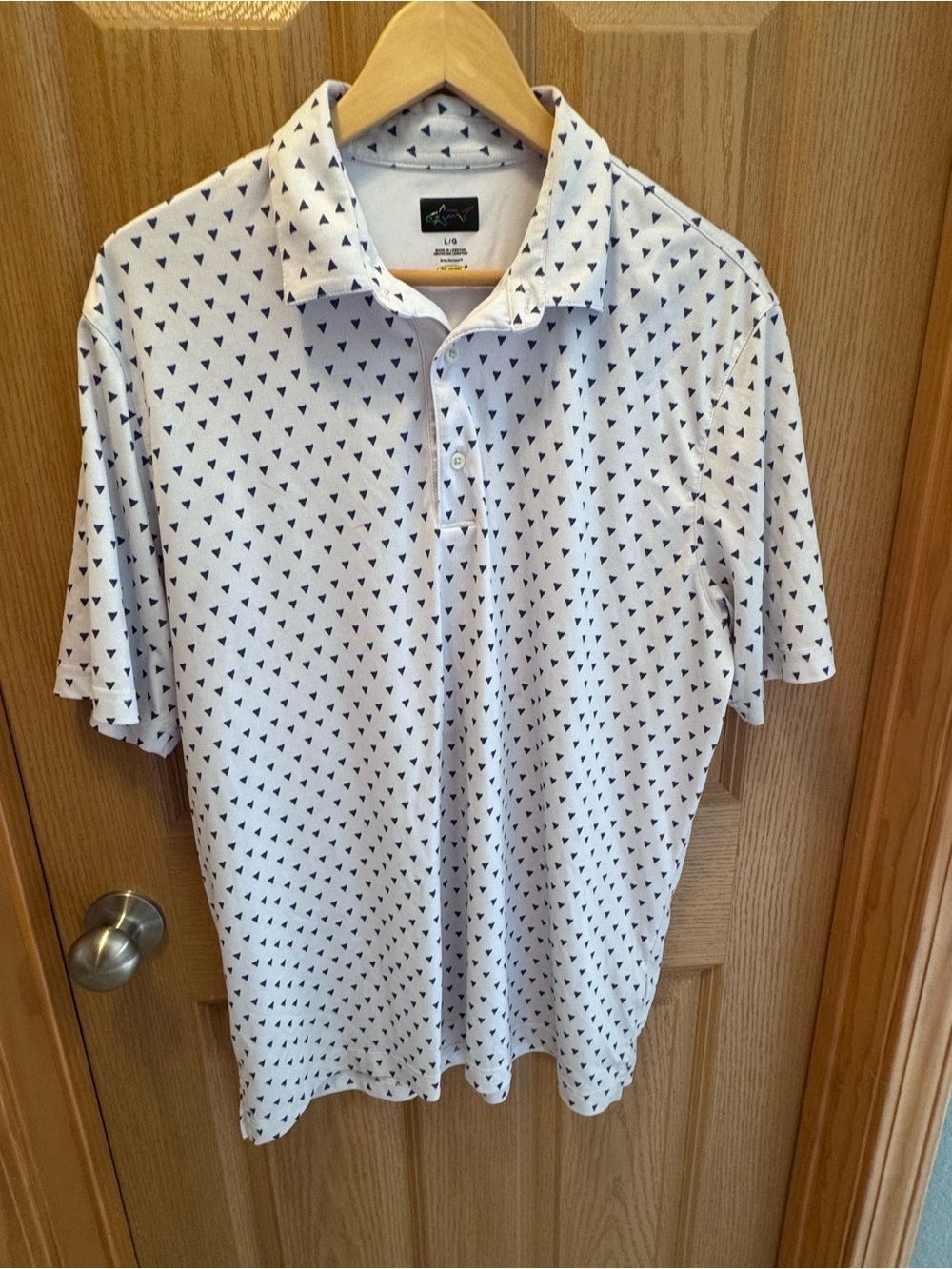 Greg Norman Collection White Polo with Navy Triangle Print
